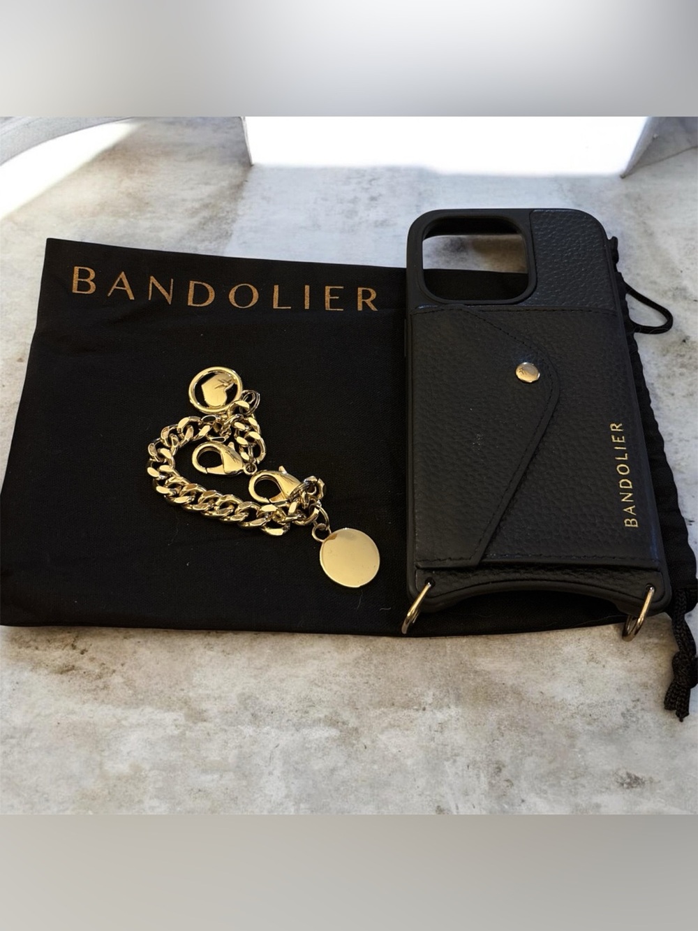 Bandolier 14 Pro Black Leather Phone Case with Gold Chain Charm